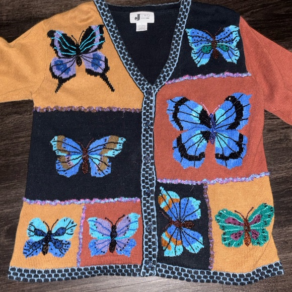 Crazy Y2K J Two New York Women’s Sequen Butterfly Cardigan Sweater Size L - Picture 2 of 4